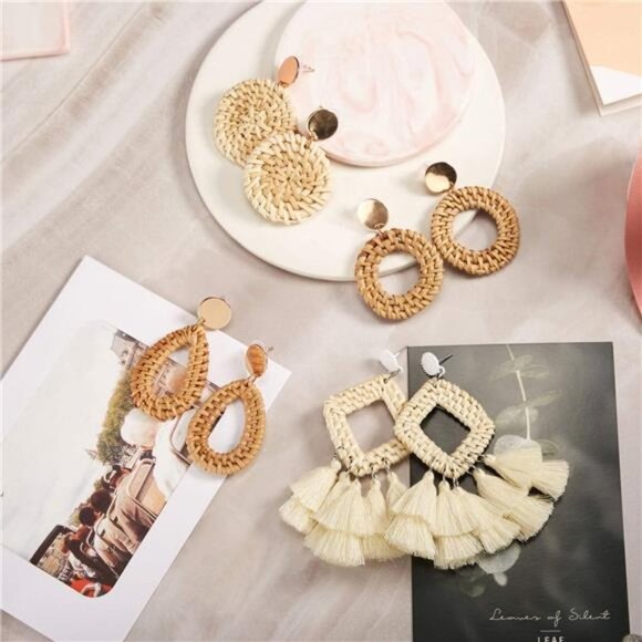 4 Pairs Rattan Earrings Lightweight Geometric Tassel Woven Bohemian Earrings - Picture 4 of 7